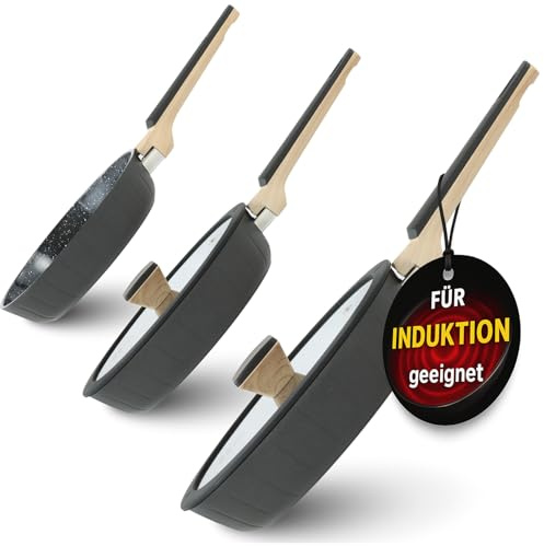 Pela Welle® Pfannenset Induktion, 3 beschichtete Pfannen mit 2 Deckeln, schwarz | Bratpfanne Induktion [5-teilig Keramik], Pfannenset mit Deckel, Pfanne ohne PFOA, PFAS, PTFE, Bratpfanne beschichtet