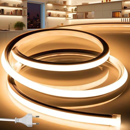 BRIMETI LED Streifen Aussenbereich 230V Neon LED Strip 15M Wasserdicht Lichtband IP65 Warmweiß Silikon Aussen Schlauch 120LED/M Outdoor Lichtleiste Band für Innen Heim Küche mit Netzteil