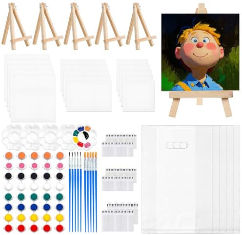 CNYMANY 5 Set Mini-Acrylfarben-Set, 15 Malleinwand mit gespannter Staffelei, Acrylfarbenstreifen, Pinsel, Palette, Tasche, Farbset für Geburtstagsgeschenke im Klassenzimmer – 3 Größen