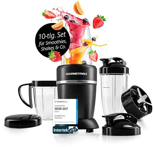 GOURMETmaxx Nutrition Mixer 1000 Watt | Smoothie Maker con coperchio to go | Frullatore con bicchiere e coperchio salvafreschezza – ideale per conservare | Frullatore con set di accessori L per