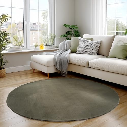 Carpettex Runder Teppich Grün 160 cm- Kurzflor Teppich Waschbar, rund, weich & rutschfest, modern einfarbiges Design für Wohnzimmer, Küche Schlafzimmer, & Kinderzimmer
