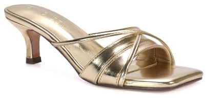 ESSEX GLAM Women's Low Kitten Heel Sandals Ladies Strappy Gold Metallic Slip On Mule Open Toe Slide Shoes Size 7