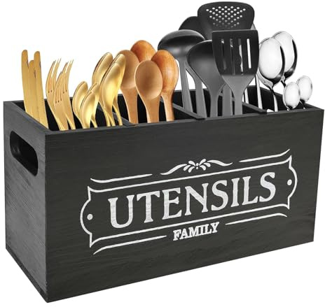 Utensils Holder for Kitchen Counter with 4 Compartment and Drainage Bottom Wooden Kitchen Utensil Organiser Enduring Cutlery Caddy Storage Container for Knife, Fork and Spoon, Black