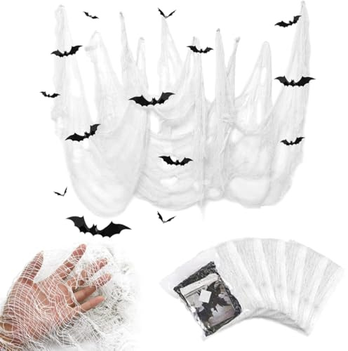 Panno Raccapricciante di Halloween, Garza Bianco Spaventosa, Panno Raccapricciante 183x76CM con 12 Pipistrelli 3D, Tessuto Spettrale per Case Stregate, Feste e Giardino Esterno (6 Pezzi)