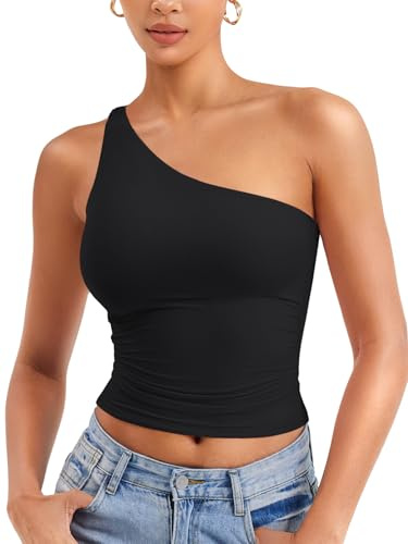ZAAYO Damen One Shoulder Tank Tops Schulterfrei Oberteil Y2K Slim Fit Crop Top Sexy Sommer Tops Double Lined Sleeveless Cropped Tee Shirt Schwarz M