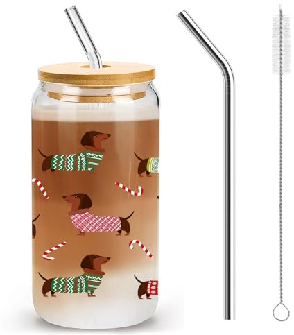 Nymora Weihnachtsgläser Dackel Glas mit Deckel und Strohhalm - 500ml - Gläser Weihnachten mit Dackel Druck, Holzdeckel für Heiß- und Kaltgetränke, Geschenk