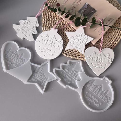 4 Stück Silikonformen Gießformen Weihnachten WISIRENT, Gießform Weihnachten Anhänger Stern Haus, Weihnachtsbaumform Gießformen Silikon Herz Silikon Anhänger für Weihnachten, Ostern