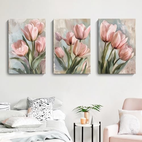 Xiyocadt 3er Poster Set, Tulpenblumen-Wandkunst,Blume Leinwand Gemälde,rosa Tulpen, Wandkunst Bild,für Wohnzimmer, Schlafzimmer, Badezimmer, Büro, Heimdekoration,Ohne Rahmen (50x70cm)