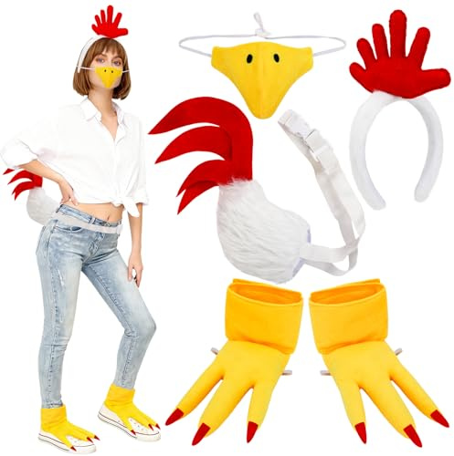 XEPST Conjunto de Disfraz de Pollo Gallo Adulto,Diadema de Pollo y Cola con Diadema de Gallo Difusa Cola Peluda de Pico para Disfraz de Animal Cosplay Fiesta de Disfraces Canival de Pascua y Halloween