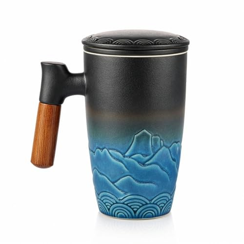 GreenWhim Tea Infuser Mug with Lid Wooden Handle Gifts for Tea Lovers, Steeper with Filter Cover Lid Tea Mugs Ceramic Tea Cup (Cyan,Black) (Cyan,Black)