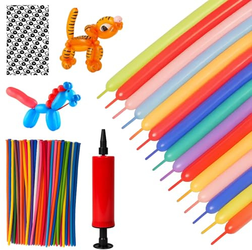 100pcs Modelling Balloons, Long Balloons for Tying, Professional Balloon Art Kit for Party Decorations, Adult Stress Relief Tool with Pump and Eye Stickers
