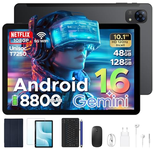 POPUX P10 Pro Tablette 10 Pouces, Tablette Android 16 avec 120Hz Display, 48Go+128Go/2To, T7250 Octa-Coeur, 8800mAh, Widevine L1, Gemini AI, 13MP+5MP, Tablette avec Clavier, Stylet, Noir