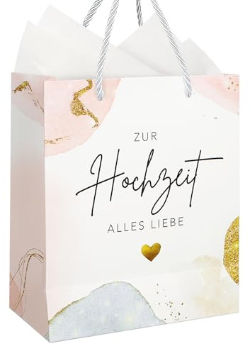 COMOOKA Geschenktüte zur Hochzeit XL 25x21x10cm Hochzeitsgeschenke für Brautpaar Verpackung Geschenktasche Tüte mit Henkel Braut JGA Deko mit Seidenpapier