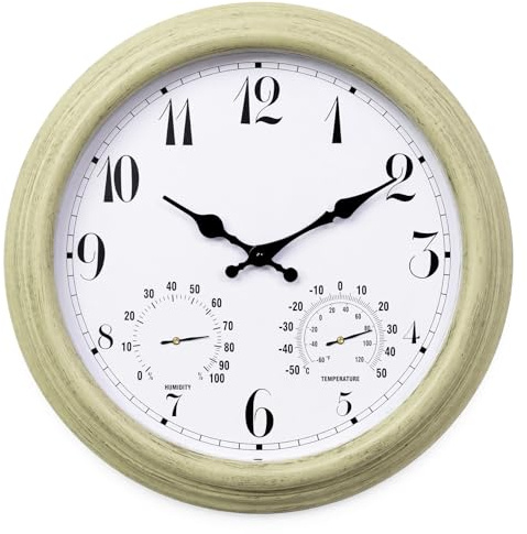 Taodyans Outdoor Wall Clock, 15in Outside Waterproof Garden Clock with Thermometer and Humidity, IP44 Weatherproof Hanging Clock for Patio, Pool, Porch, Bathroom, Balcony-Not Silent (Beige, 38cm)
