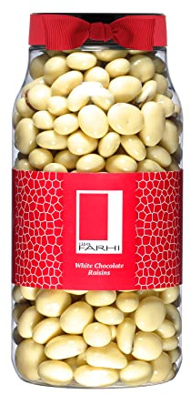 Rita Farhi White Chocolate Covered Raisins in a Gift Jar | Vegetarian and Chocolate Gift - Chocolate Coated Fruit - 870 g - New Palm Oil Free Recipe
