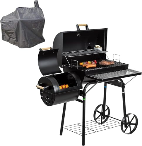 30Kg Smoker Grill mit Abdeckhaube, Holzkohlegrill BBQ Grillwagen Lokomotive, Stahl Schwarz, ca.125x55x120cm, Grillfläche ca.65x34cm, Feuerbox ca.35x32cm, Räuchergrill mit Thermometer & Rollen,Geschenk