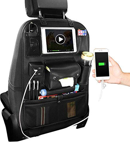 HONCENMAX Auto-Rückenlehnenschutz Autositz zurück Veranstalter Tasche Rücksitz Schutzaufbewahrung Trittmatte Großes Reisezubehör - 4 USB-Anschluss für Mobiltelefon IPad - PU-Leder