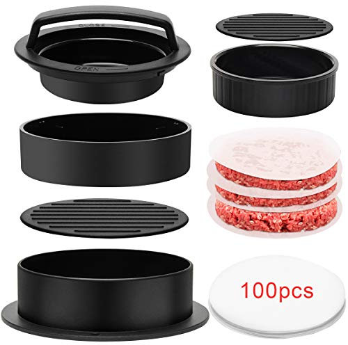 Luxiv 3 in 1 Burger Press, Hamburger Patty Maker Stuffed Burgers Press with 100p Hamburger Paper for BBQ Non-Stick Sliders Beef Hamburger Push (Black)