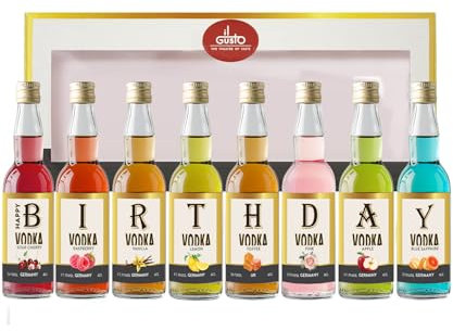 IL GUSTO Birthday Vodka Tasting Gift Set – Unique Gift for Vodka Gift for Him & Her | 8 Flavours Arranged to Spell “Happy Birthday” | Premium Miniature Glass Bottles | Pack of 8 | Wooden Box