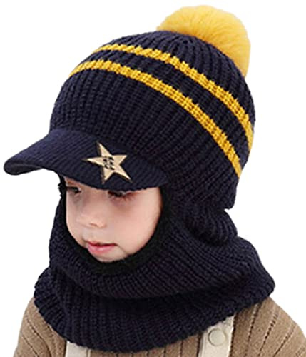 JFAN Beanie Beanie Mössa Vinter Stickad Mössa Barn med Visir Pojke Och Flicka Virka Sjal Söt Varm Ullmössa Flerfärgad Sjal, Marin, one size