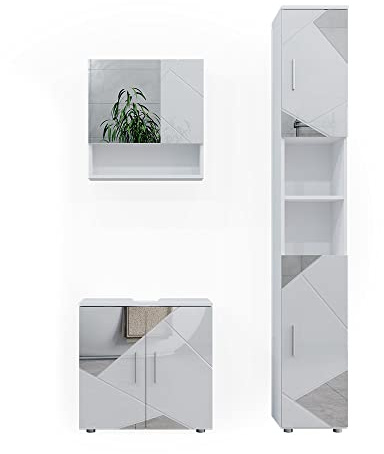 Vicco Badmöbel-Set Irma, Weiß Hochglanz mit Einsätzen, 80 cm, besteht aus Waschbeckenunterschrank, Spiegelschrank und Hochschrank