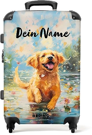 NoBoringSuitcases© Koffer personalisiert, Kinder Koffer, | 67x43x25 cm - Reisekoffer Kinder, Koffer hartschale - Hartschalenkoffer - Hund im bunten Wasser - Mittelgroß mit Rollen