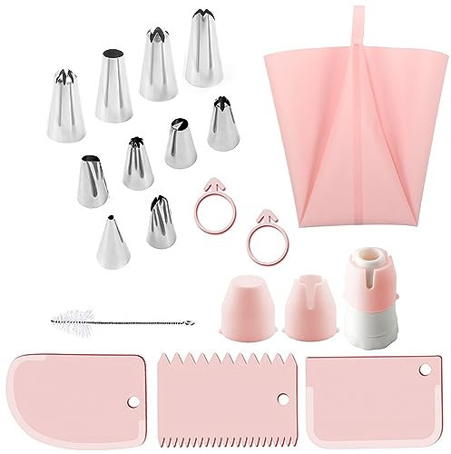 CHSEEO Silicona Juego de Manga Pastelera y Boquillas, 18 Piezas Reutilizables con Kit de Acoplador, 10 Boquillas de Acero Inoxidable para Repostería, 3 Raspadores, 12 Mangas Pasteleras