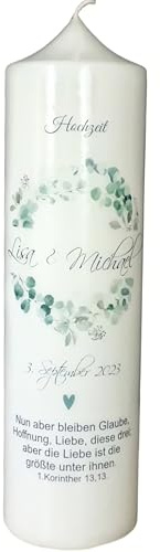 Hochzeitskerze - Eukalyptus / 25 x 7 cm/Personalisiert mit Namen, Hochzeitsdatum & Trauspruch/Traukerze/Hochzeitsgeschenk