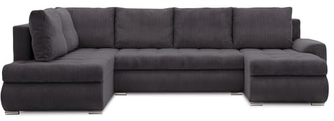 Mebligo - Ecksofa mit Schlaffunktion und Bettkasten Tokio II PRO, 300 cm Breit, Wohnzimmer Eckcouch Ottomane Links, Sofa Cord mit Bettfunktion - Sofa Grau (Poso 022)