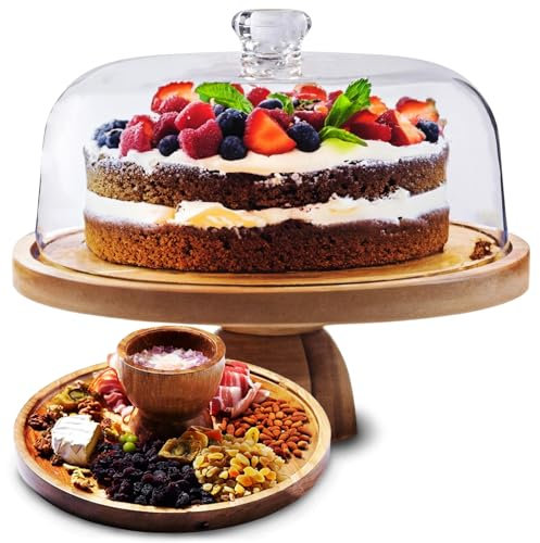 AZ-Homey Alzata per torte con coperchio a cupola in acrilico 2 in 1, multifunzionale, rotondo, infrangibile, con piatto da portata in legno di acacia, vassoio per verdure, ciotola per frutta, supporto