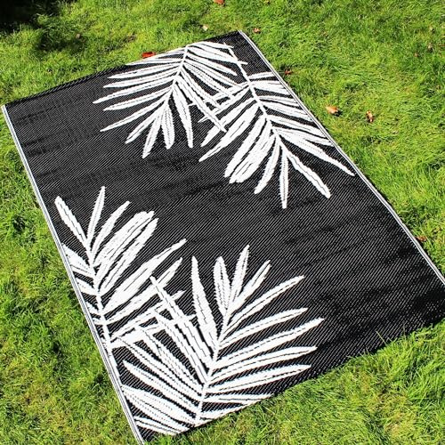 Dreams & Drapes - Black Taihiti Leaf Outdoor Rug (170 x 120cm) - Water-Resistant - Sunproof - Lightweight - Tropical Picnic Blanket in Black - 100% Polypropylene