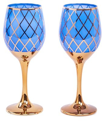 CretFine Juego de 2 copas de vino de color azul y dorado con mango largo y borde, copas decorativas de cristal de cobalto para regalos, bodas, festivales, cumpleaños, etc