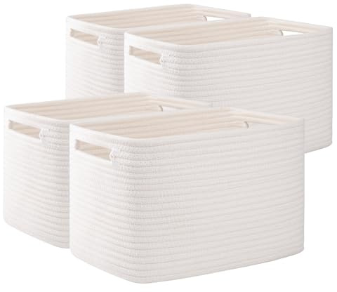 OIAHOMY Lot de 4 paniers de rangement cubiques pour étagères, paniers de rangement rectangulaires avec poignées, paniers tissés pour rangement, 32,7 x 22,9 x 19,8 cm, blanc