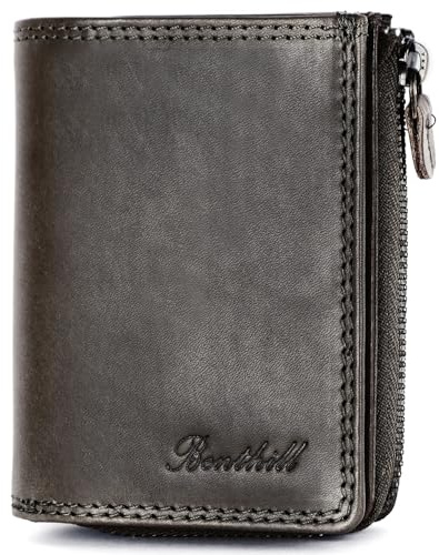 Benthill Kleine Geldbörse Echt Leder | Damen & Herren Geldbeutel mit RFID Schutz | 7 Kartenfächer | Slim-Wallet inkl. Geschenkbox, Farbe:Grau