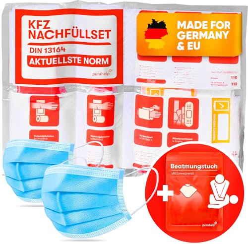 PURAHELP® KFZ Erste Hilfe Nachfüllset inkl. Beatmungstuch [DIN 13164] - Nachfüllset für Auto Verbandkasten 2025 Konform - Set zum Auffüllen der Verbandstasche für PKW - Car First Aid Kit Nachfüllung