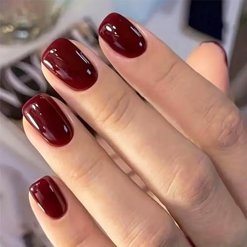 Square False Nails Short, 24Pcs Wine Red Fake Nails, Burgundy Stick on Nails Press on Nail, Glossy Solid Colour French Nail Tips with Nail Glue for Women Girls (Wine Red)