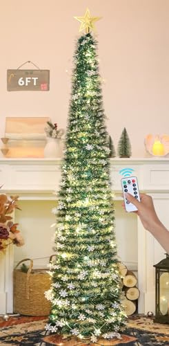 HMASYO Árbol de Navidad de oropel desplegable de 6 pies con 100 luces LED de temporizador y control remoto, árbol artificial plegable con adornos de copo de nieve, decoración de Navidad para el hogar