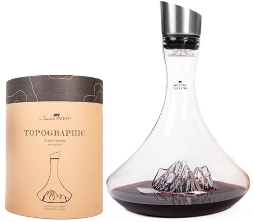 Caraffa per decantare il vino, 1,8 l, borosilicato di alta qualità, soffiato artigianalmente con montagne in rilievo, tappo 3 in 1 (filtro, aeratore e beccuccio) (Monte Rosa)