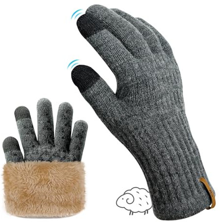 qpyysz Handschuhe Herren Damen Winter Warm Freezer Thermo Schwarze Handschuhe Merino Wolle Doppelschicht Fleece Touchscreen Outdoor Strickhandschuhe Rutschfeste Fleecefutter (gray l-xl)