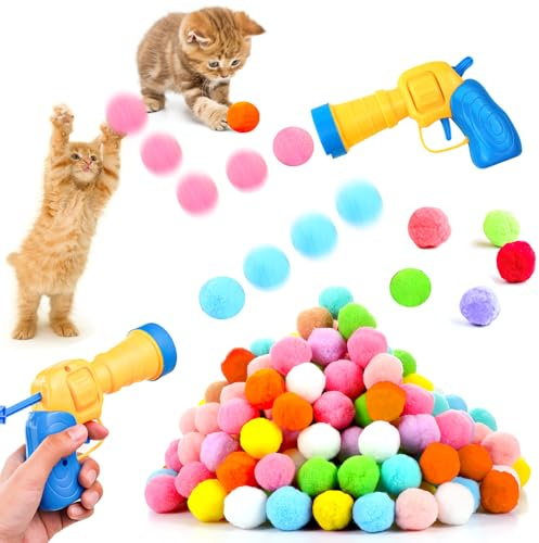 DAWRIS 2 Stück Katzenspielzeug Ball Pistole mit 100 Stück Katzenfilzbälle | Weiche Katze Bälle Kätzchen Pom poms Ball Interaktives Katzenspielzeug Interaktivesspielzeug für Katzen Training Katzen Ball