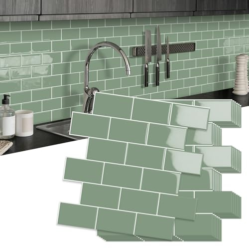 10-Piezas Grueso Azulejos Adhesivos Cocina, 3D Metro Blanco Adhesivo,Autoadhesivos Vinilo Baldosas Azulejos Adhesivos, Baldosa Cuarto de baño Pared (Verde,30.5 x 30.5CM)