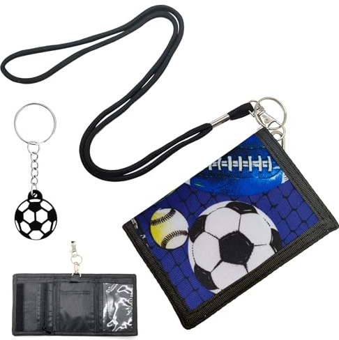 Kinder Geldbörsen für Jungen, Lanyard Reißverschluss Kinder Geldbörse Fußball Muster Jungen Geldbörsen für Kinder 9-12, mit einem Fußball Schlüsselanhänger