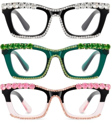 Hubeye Gafas de lectura para Mujeres de Moda Anteojos de lectura con Bisagra de resorte ultraligeras anti luz azul (Negro+Verde+Rosa, 1.00)
