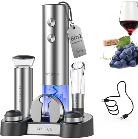 CIRCLE JOY Electric Wine Bottle Opener Set Stainless Steel Rechargeable Wine Opener 8-in-1 Wine Gift Set with Charging base, Foil Cutter, Wine Aerator Pourer, Vacuum Pump & 2 Wine Stoppers, Silver