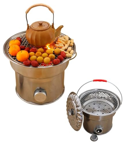 Home Fire Pit Kit, Outdoor Fire Pit Bowl, Small Stainless Steel Fireplaces with Lid/Grilling Rack/Handle for Outside Backyard Deck Party Bonfire BBQ Brewing Tea