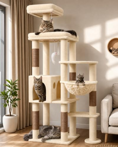 Globlazer F65B Solide Arbre a Chat avec Niche Plateforme pour 2 Grand Chats | Robuste Arbre à Chat Montage Facile avec Plusieurs Grand Repos Poteau à Griffer en Sisal pour Gros Chats Maine Coon Intérieur