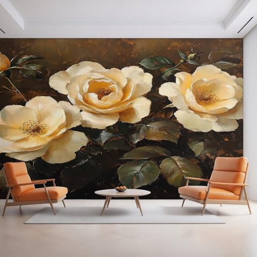 Generisch Tapete Gelb Rose Vliestapete Ölgemälde Blätter Blumen 150X105cm Fototapete Wohnzimmer Motivtapete Schlafzimmer Tapeten Deko, Mustertapete, Wandtapete D30