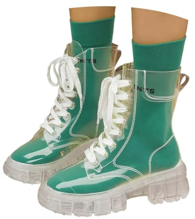 Botines de piel para mujer, suela de plataforma, tacón bajo y grueso, hebillas con cordones, cierre de cremallera, botines de moda, Green, 36.5 EU