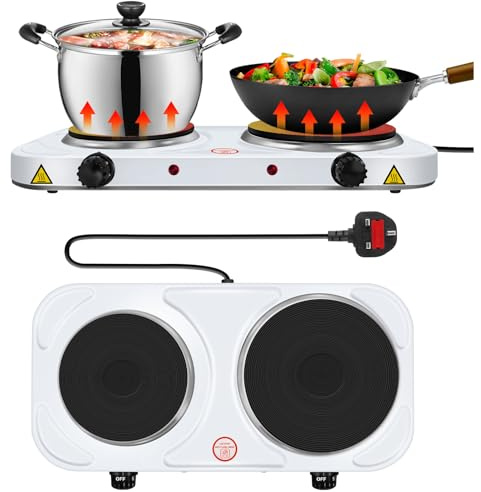 2500W Electric Cooker Hobs Hot Plate Stove Kitchen Double Ring Table Top Powerful Portable Cooker 5-Temperature Settings Burner for Warming, Cooking, Boiling, Frying, Simmering