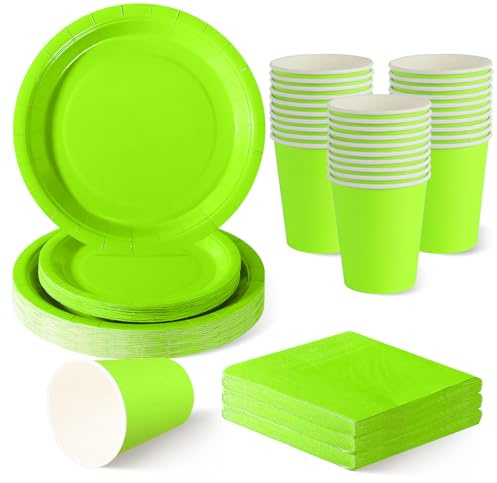 ZblPyro 120 Pièces Vert Fluo vaisselle jetable anniversaire pour 30 Invités | 18 et 23 cm assiette jetable, gobelets carton, serviettes, apéro d'été, barbecue, soirée entre amis.